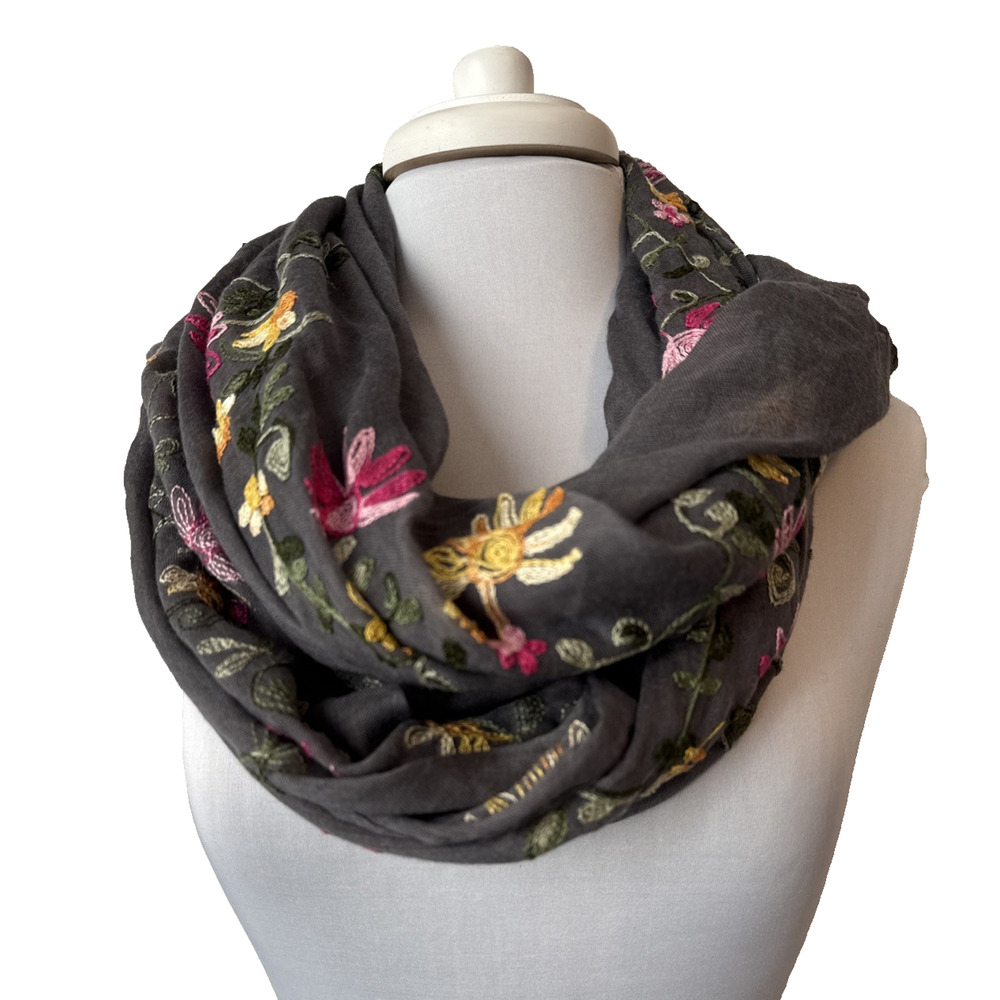 Boho Cottage Embroidered Floral Lightweight Scarf Scawl Rectangle 68"‎ X 34"